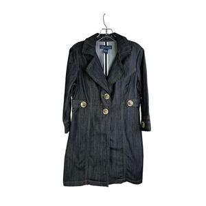 Baccini Demin Trench Coat Womens Sz Medium Dark Wash‎ Button Front 3/4 Sleeve